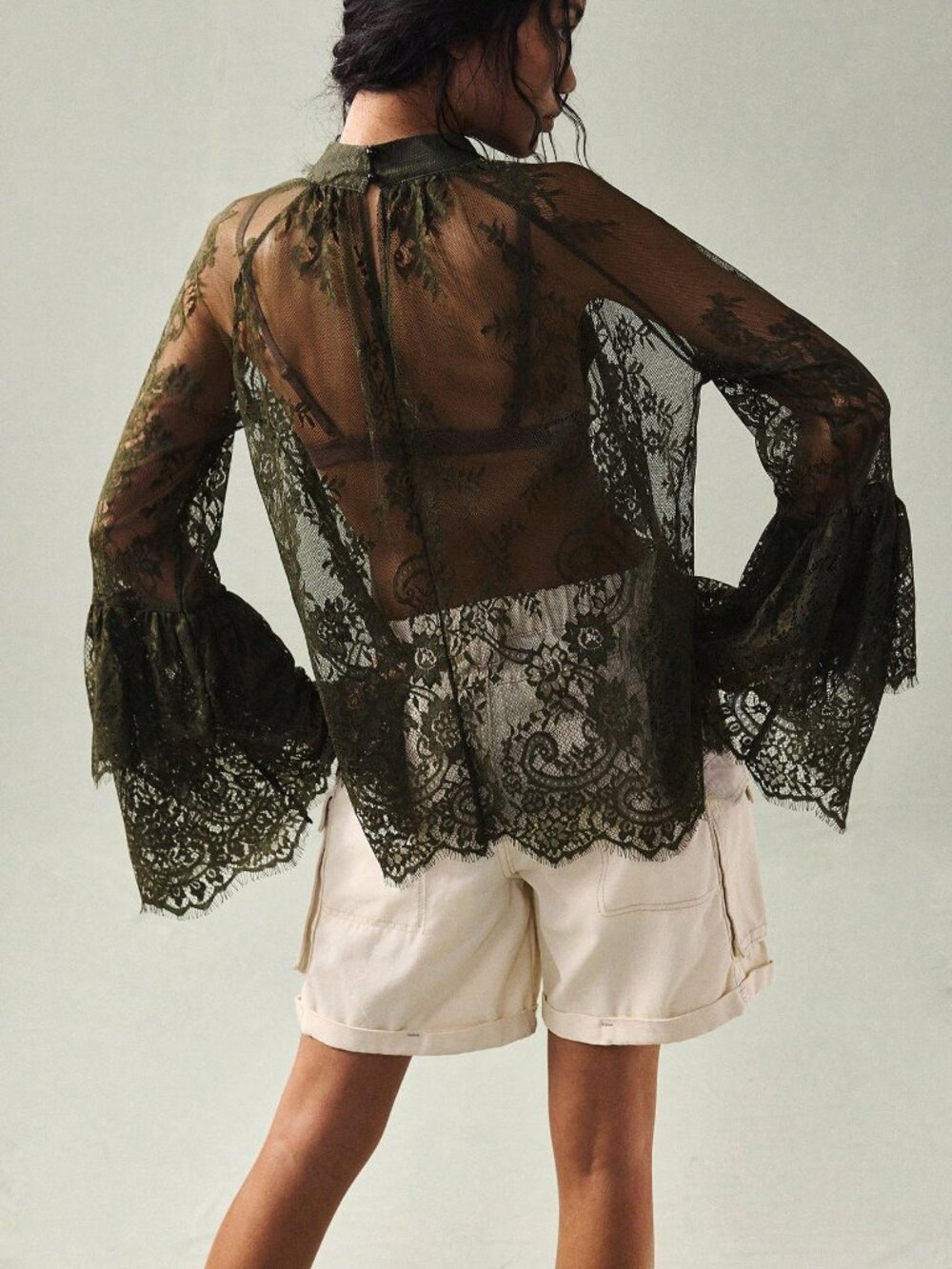 Army Green Elegant Women's Sheer Lace Flowy Sleeve Blouse - Picture 2 of 6